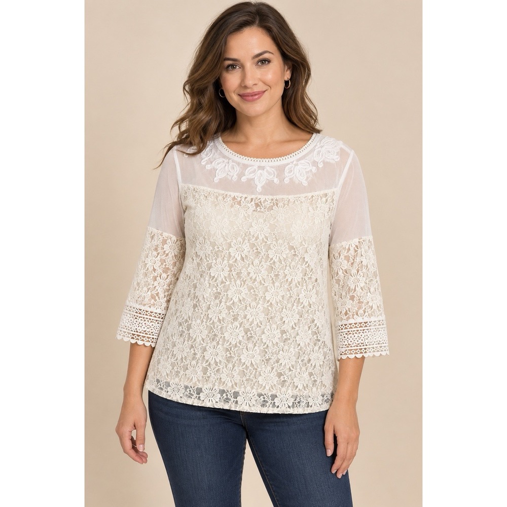 Lauren Michelle Women's Lace Blouse L Ivory Floral Sheer 3/4 Sleeve Boho